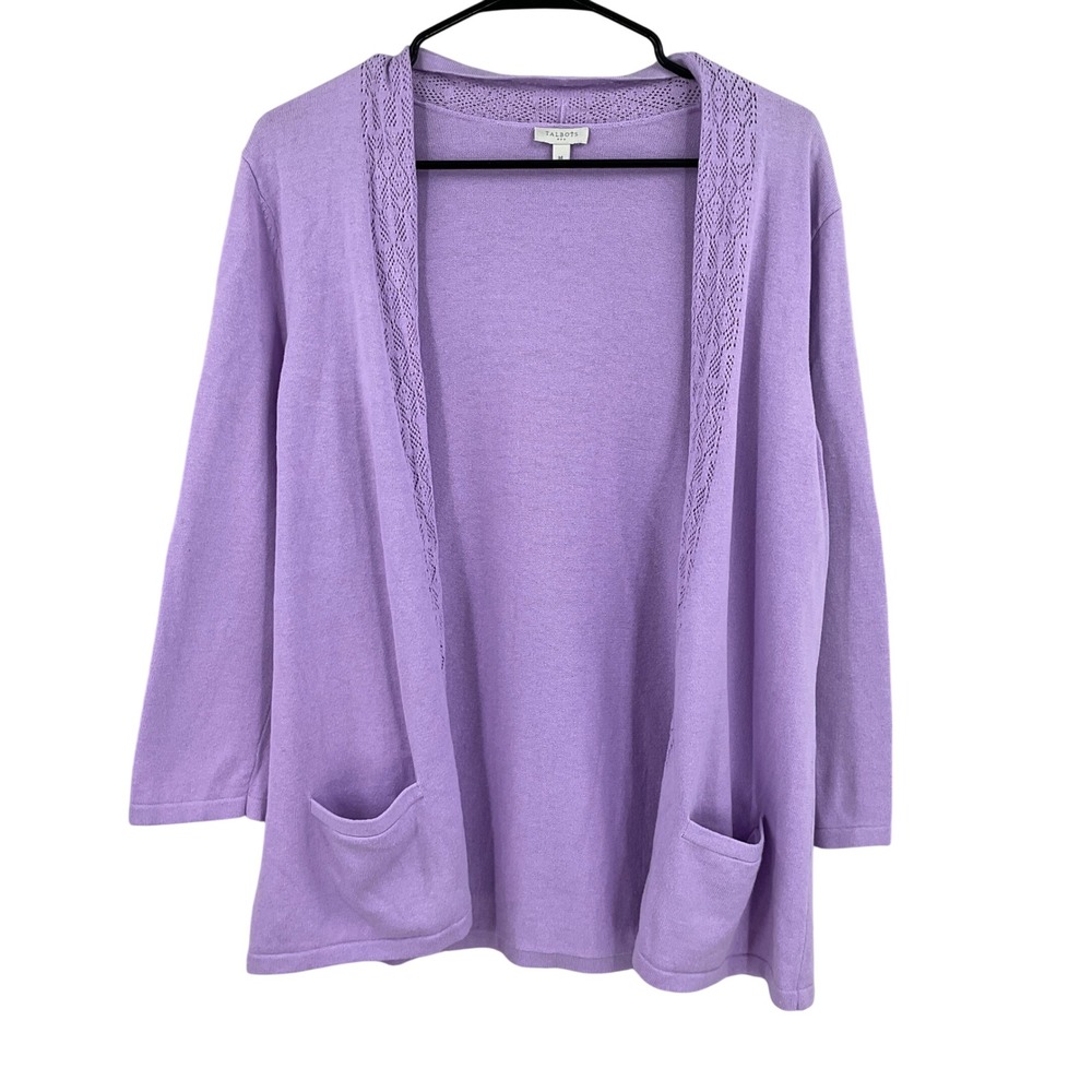 Talbots‎ Cardigan Womens Sz M Lavender 100% Cotton Pointelle Open Front Layering